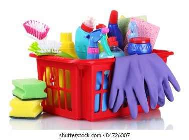 Full Box Of Cleaning Supplies And Gloves Isolated On White