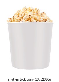 Full Bucket Of Popcorn. Isolated On White