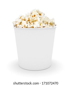 Full Bucket Of Popcorn. Isolated On White