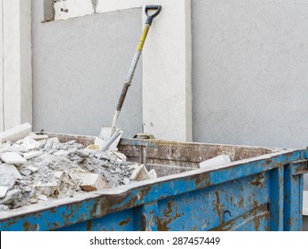 Full Construction Waste Debris Container, Garbage Bricks And Material From Demolished House