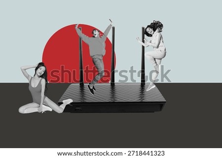 Full creative 3d collage poster of happy business partners girl guy stand router wifi waves icon fast 5g network hotspot.