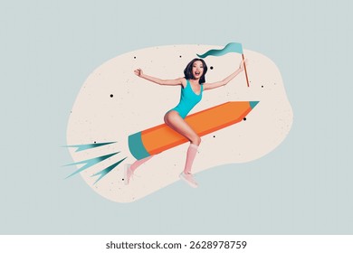Full creative image poster collage of happy businesswoman businessman stand rocket flight project startup development establish