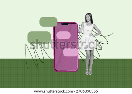 Full creative image poster collage of happy girl guy stand phone screen notification bubble message correspondence networking.