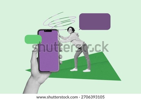 Full creative image poster collage of happy girl guy stand phone screen notification bubble message correspondence networking.