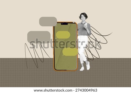 Full creative image poster collage of happy girl guy stand phone screen notification bubble message correspondence networking.