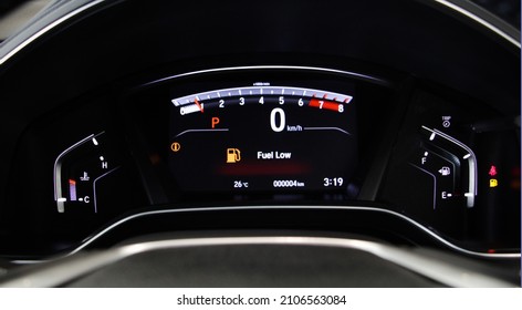 Full Digital Car Miles Or Speed Of Meter With Oli Low Fuel Level Warning Light Icon Symbol On Dashboard. Transportation Concept.