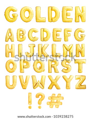 Full English alphabet made of golden inflatable balloons isolated on white background