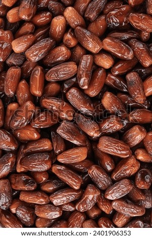 Full Frame Background Top View of Pile of Appetizing Honey Dried Date Kurma Tunisian Fruits Arranged on Table 