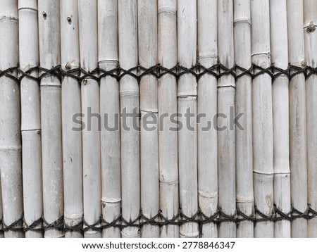 Full frame close up of a weathered white bamboo fence texture horizontally tied with traditional black rope.