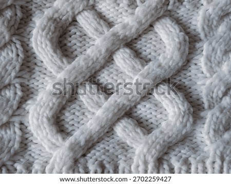 full frame close up of white cable knit wool texture featuring a detailed celtic knot pattern