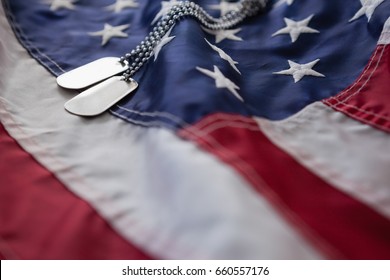 Full Frame Of Dog Tag On An American Flag