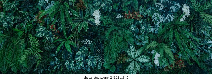 Full Frame of Green Leaves Pattern Background, Nature Lush Foliage Leaf Texture, tropical leaf.