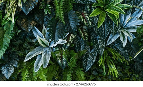Full Frame of Green Leaves Pattern Background, Nature Lush Foliage Leaf Texture, tropical leaf