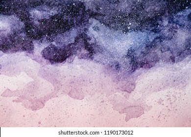 Full Frame Image Of Night Sky Painting With Purple And Pink Watercolor Paints Background