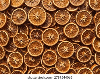 Full frame macro pattern background of dried orange and lime citrus slices.