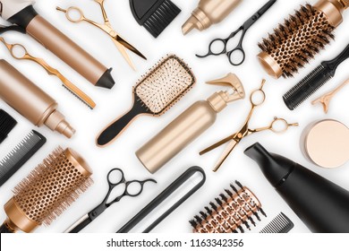 Full Frame Of Professional Hair Dresser Tools On White Background