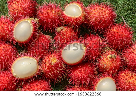 Full frame shoot of bunch of red rambutan fruits. Close up Rambutan peeled. Top view healthy fruits rambutans. The sweet fruit is a round to oval single-seeded berry covered with fleshy pliable spines