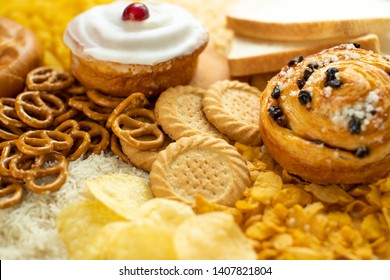 Full Frame Shot Of Foods Containing Unhealthy Or Bad Carbohydrates