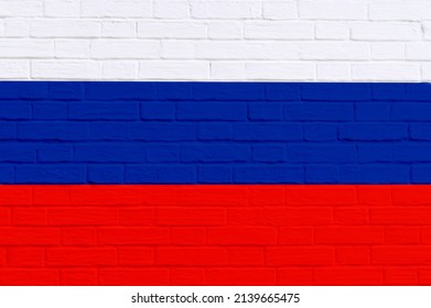 Full Frame Shot Of Russian Flag On Brick Wall. Unaltered, Flag Of Russia, Backgrounds, Brick, Flag, Identity, Politics And National Flag.