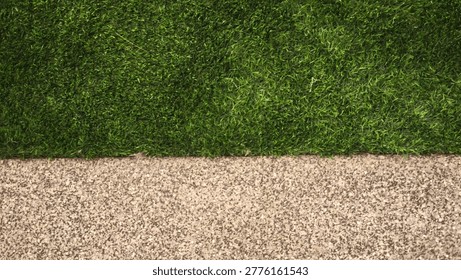 Full frame texture background of green artificial grass and pebble wash concrete floor. This top-down view showcases a clean horizontal boundary between lush synthetic turf and a rough stone aggregate surface. Ideal for landscape design, architectural backyard planning, and modern garden exterior themes. The vibrant green and neutral earthy tones provide a professional minimalist aesthetic for eco-friendly flooring and outdoor renovation projects.