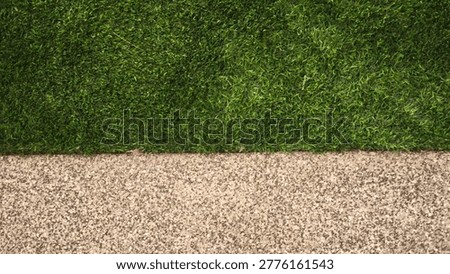 Full frame texture background of green artificial grass and pebble wash concrete floor. This top-down view showcases a clean horizontal boundary between lush synthetic turf and a rough stone aggregate surface. Ideal for landscape design, architectural backyard planning, and modern garden exterior themes. The vibrant green and neutral earthy tones provide a professional minimalist aesthetic for eco-friendly flooring and outdoor renovation projects.