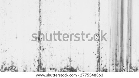 Full frame texture of a weathered white concrete wall with grunge stains, vertical water streaks, and industrial rust spots. Monochrome Background Pattern.