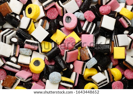 Full frame view of assorted English liquorice candy.