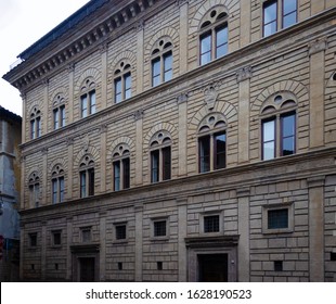 Full front facade of beautiful Palazzo Rucellai typical old renaissance palace in Florence Tuscany Italy