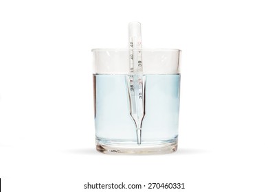 Full glass of blue water has a thermometer inside