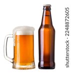 Full glass and bottles of beer isolated on a white background