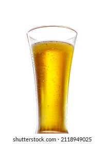 Full Glass Of Cold Non-alcoholic Beer Without Foam Isolated On White Background, Close-up. Tall Glass Of Fresh Soft Drink, Cider Or Cool Beverage In Wet Mug, Style Of Hero View.