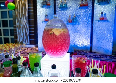 Full Glass Jar Filled With Lemonade At The Summer Evening Party, Cocktail Or Mocktail Party At Night.