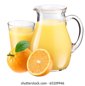 Full Glass And Jar Of Orange Juice And Fruits Are Near. Isolated On A White.