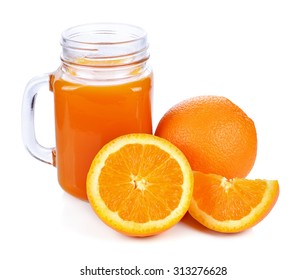 Full Glass Of Orange Juice And Orange Fruit Isolated On White Ba