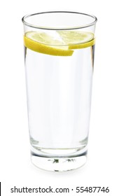 Full Glass Of Water With Lemon Isolated On White Background