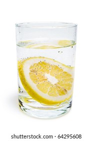 Full Glass Of Water With Lemon Isolated On White Background