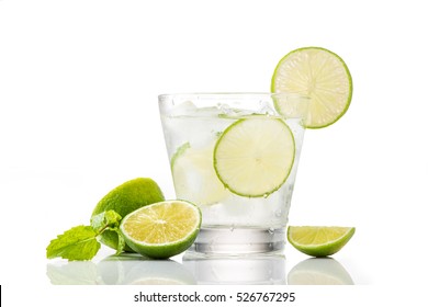 Full Glass Of Water With Lemon And Mint Isolated On White Background