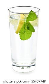 Full Glass Of Water With Lemon And Mint Isolated On White Background