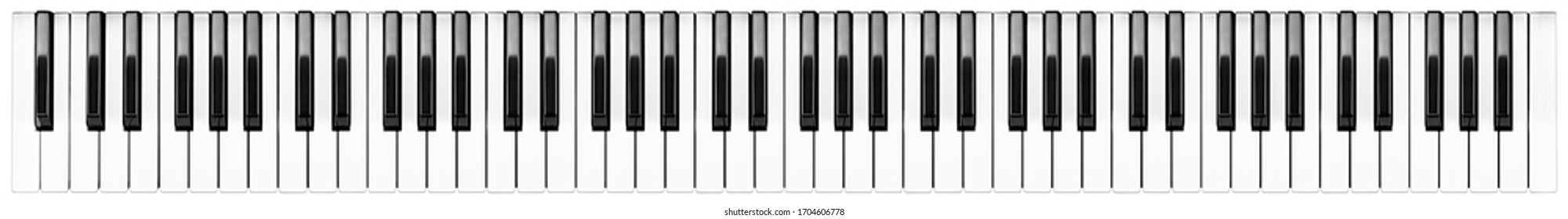 Full grand piano 88 black white keys keyboard layout isolated on white wide panorama banner background. classical music symphony orchestra music instrument concept