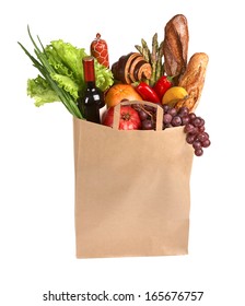 Full Grocery Bag / Studio Photography Of Brown Grocery Bag With Fruits, Vegetables, Bread, Bottled Beverages - Isolated Over White Background 