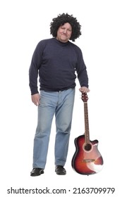 In Full Growth. Curly-haired Mature Man With A Guitar.