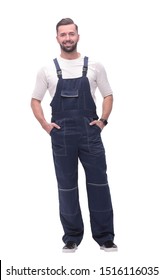 In Full Growth. Smiling Man In Overalls.