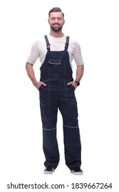 In Full Growth. Smiling Man In Overalls.