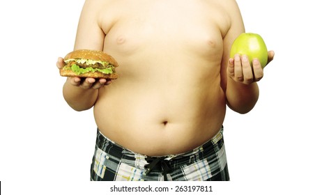 full guy holding a hamburger and an apple