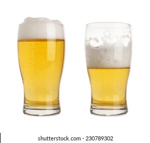 full and half empty pint of beer in glasses