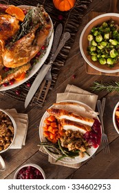 Full Homemade Thanksgiving Dinner With Turkey Stuffing Veggies And Potatos