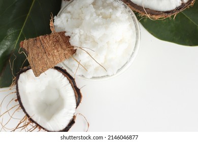 Full Jar With Coconut Scrub On White Background. Home Spa Treatment Concept, Organic Cosmetic. Copyspace