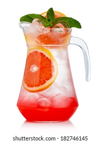 Full Jug Of Fresh Nonalcoholic Cocktail With Grapefruit And Green Mint Isolated  