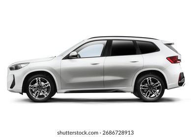 Full left side view of a white colored modern suv car on a white background