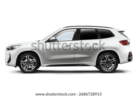 Full left side view of a white colored modern suv car on a white background